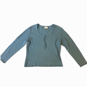 Vintage Varsity Sport Teal Waffle Knit Long Sleeve Top Women’s Medium Cotton